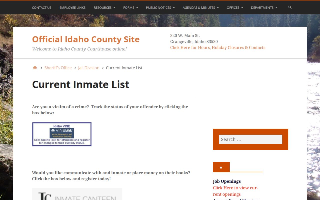 Idaho County current inmate list interface and custody captions