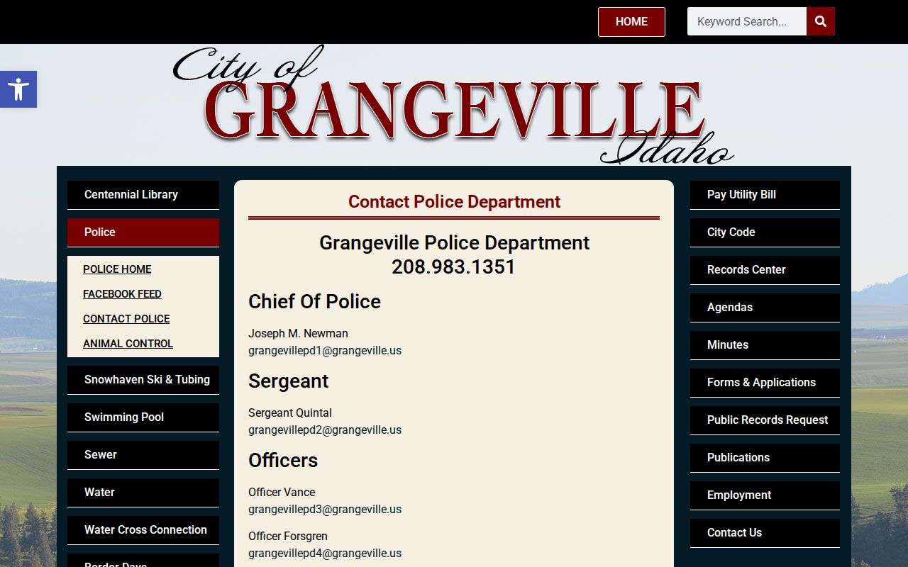 Official Grangeville Police Department contact page with department contacts
