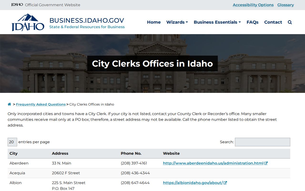 Official Idaho government directory showing Cottonwood city contact information