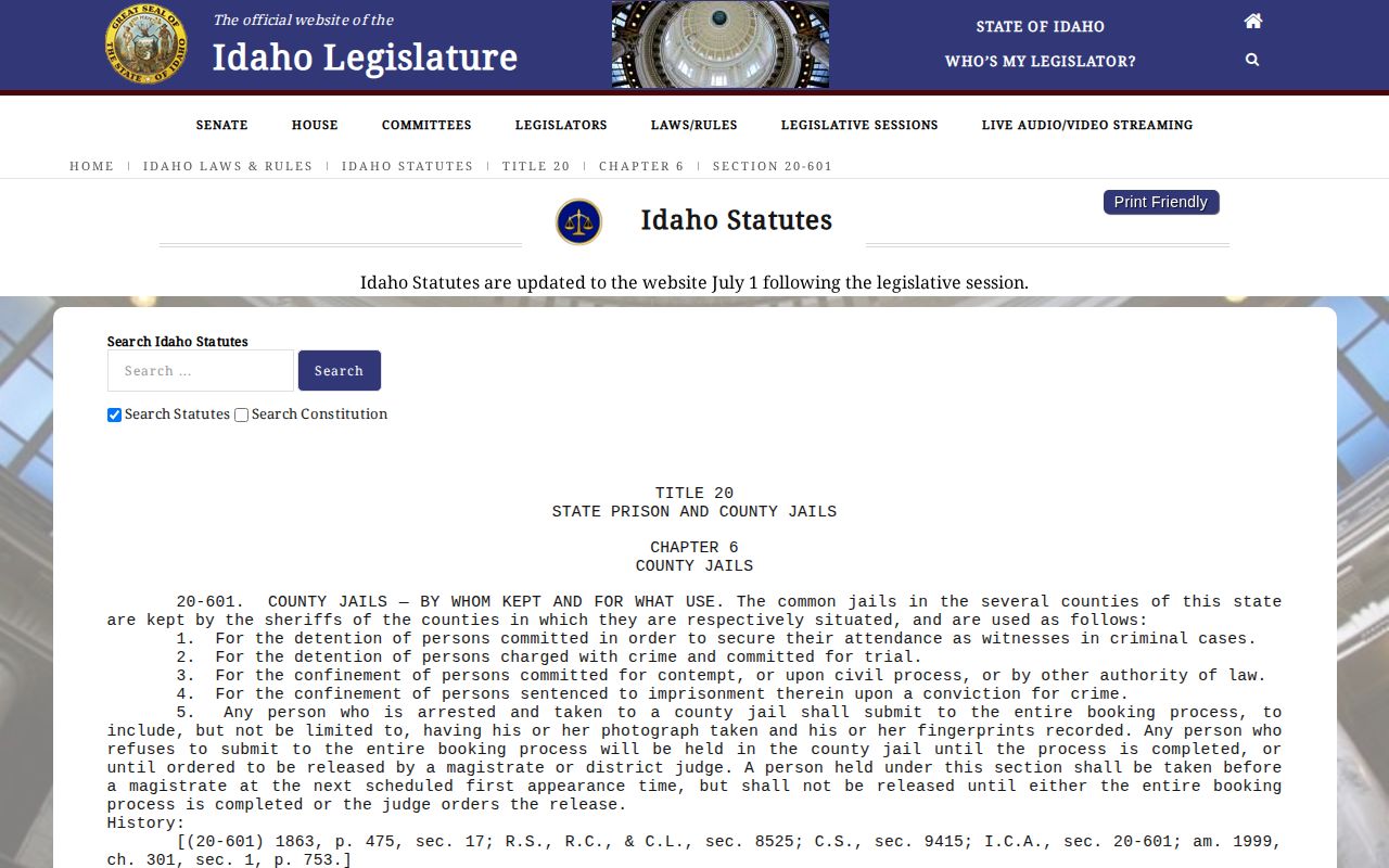 Idaho Code booking photograph and fingerprint requirement