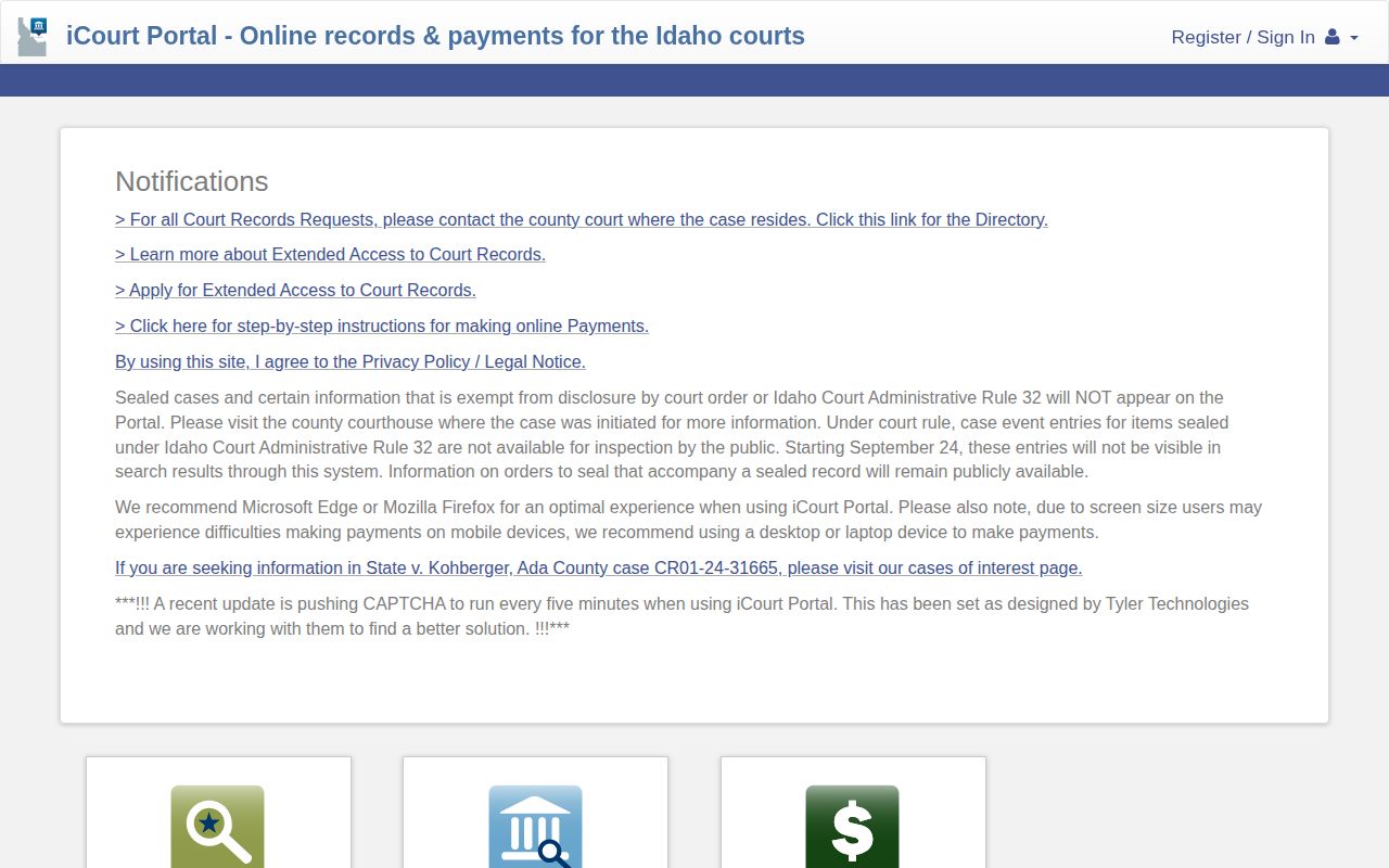 Idaho iCourt public case and party search interface