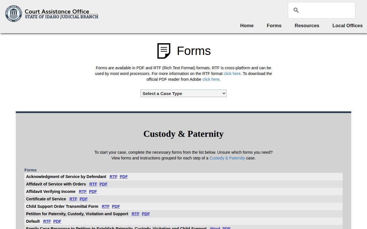Idaho Court Self-Help sealing and expungement forms index